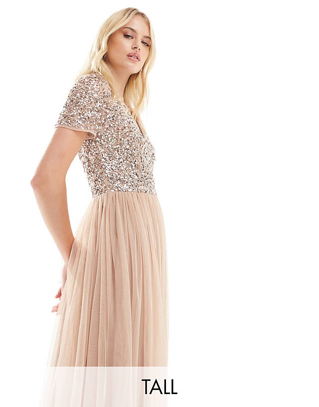 Maya Tall - bridesmaid short sleeve maxi tulle dress with tonal delicate sequins in muted blush