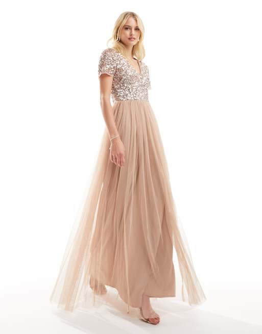 Maya Tall Bridesmaid short sleeve maxi tulle dress with tonal delicate  sequins in muted blush | ASOS