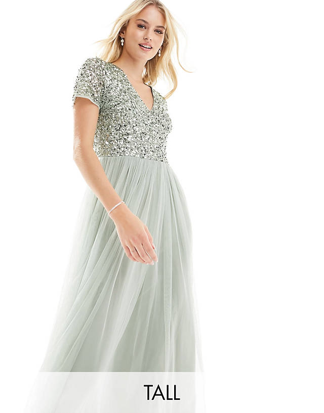 Maya Tall - bridesmaid short sleeve maxi tulle dress with tonal delicate sequins in sage green