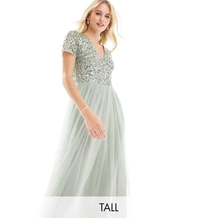 Maya Tall Bridesmaid short sleeve maxi tulle dress with tonal delicate sequins in sage green