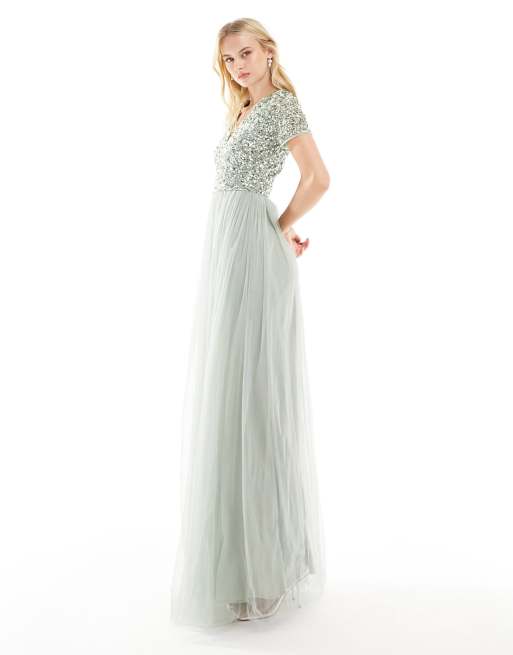 Maya Tall Bridesmaid short sleeve maxi tulle dress with tonal delicate sequins in sage green