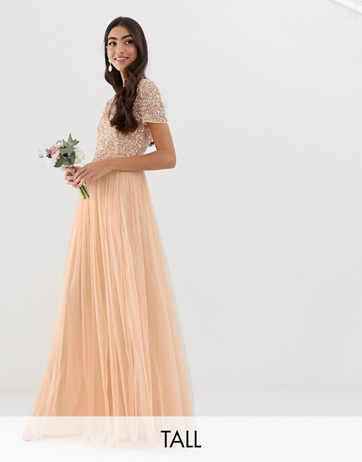 Maya Tall Bridesmaid V neck maxi dress with delicate sequin in soft peach