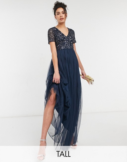 Maya Tall Bridesmaid v neck maxi tulle dress with tonal delicate sequin in navy