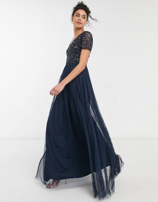 Maya Tall Bridesmaid v neck maxi tulle dress with tonal delicate sequin in navy