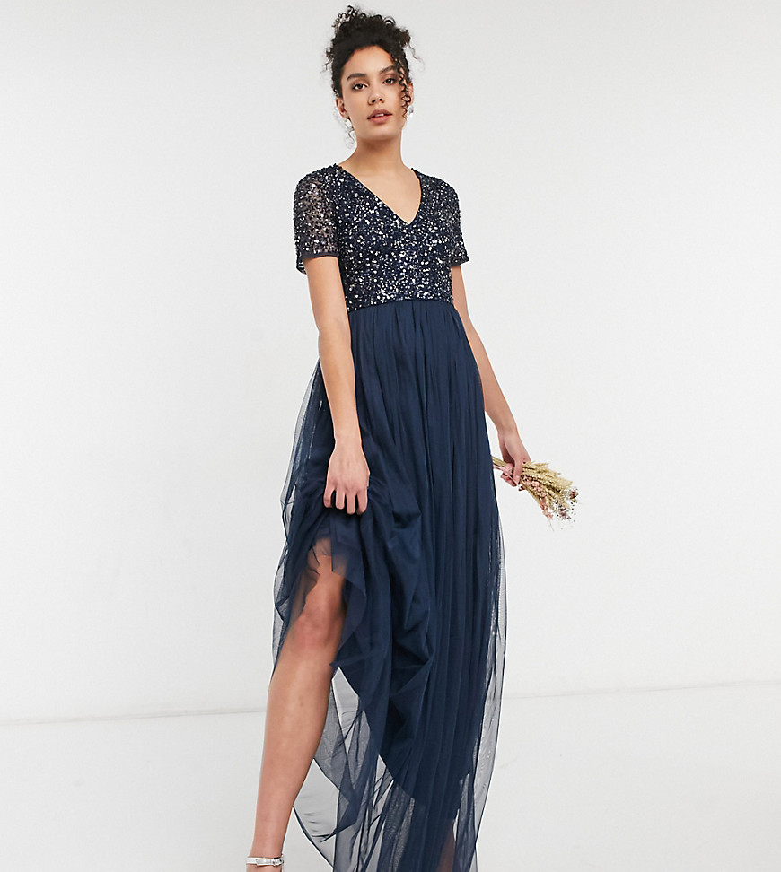 Maya Tall Bridesmaid V-neck Maxi Tulle Dress With Tonal Delicate Sequins In Navy