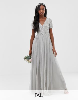 maya bridesmaid v neck maxi tulle dress with tonal delicate sequins