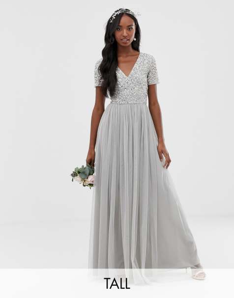 Maya Tall Bridesmaid v neck maxi tulle dress with tonal delicate sequins in silver - view 1