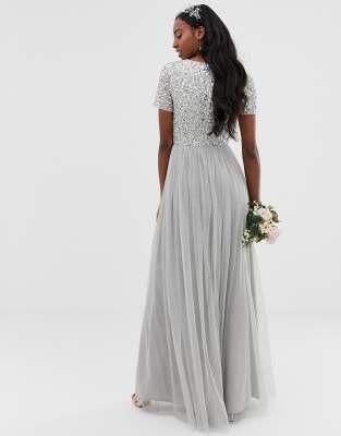 maya v neck maxi tulle dress with tonal delicate sequins