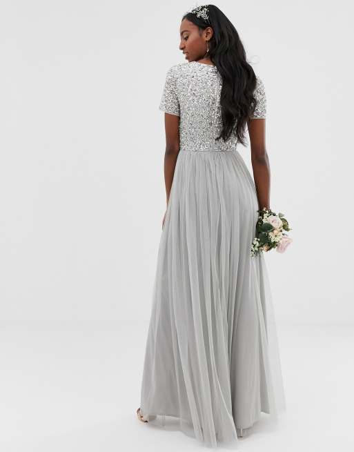 Maya Tall Bridesmaid v neck maxi tulle dress with tonal delicate sequins in silver, 2 of 4