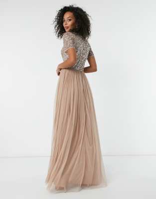 Maya bridesmaid v neck maxi tulle dress store with tonal delicate sequins in taupe blush