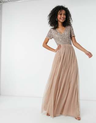 maya bridesmaid v neck maxi tulle dress with tonal delicate sequins in taupe blush