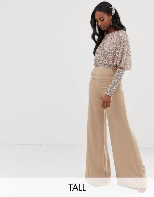 Maya cape detail jumpsuit with tonal store delicate sequin top in taupe blush