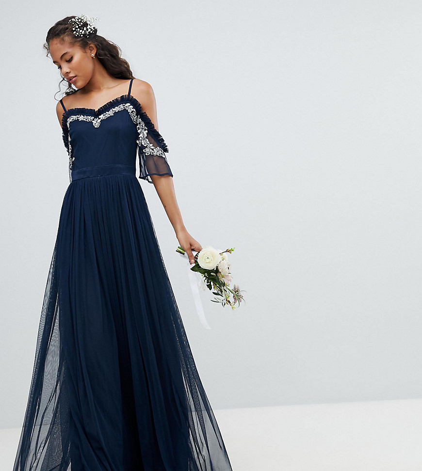Maya Tall Cold Shoulder Sequin Detail Tulle Maxi Dress With Ruffle Detail-navy