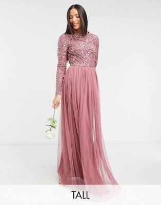 maya tall long sleeve sequin top maxi tulle dress