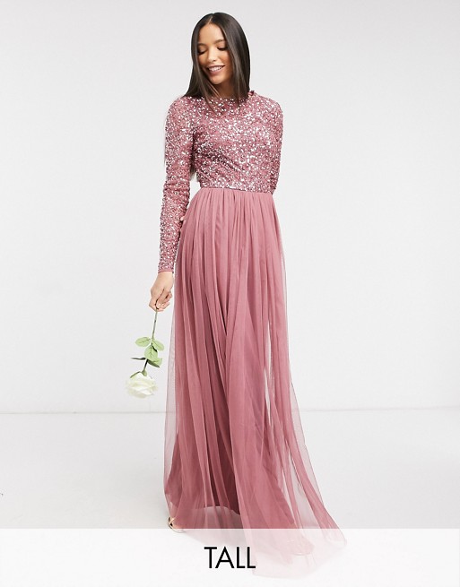 Maya Tall delicate sequin long sleeve maxi dress with tulle skirt in rose