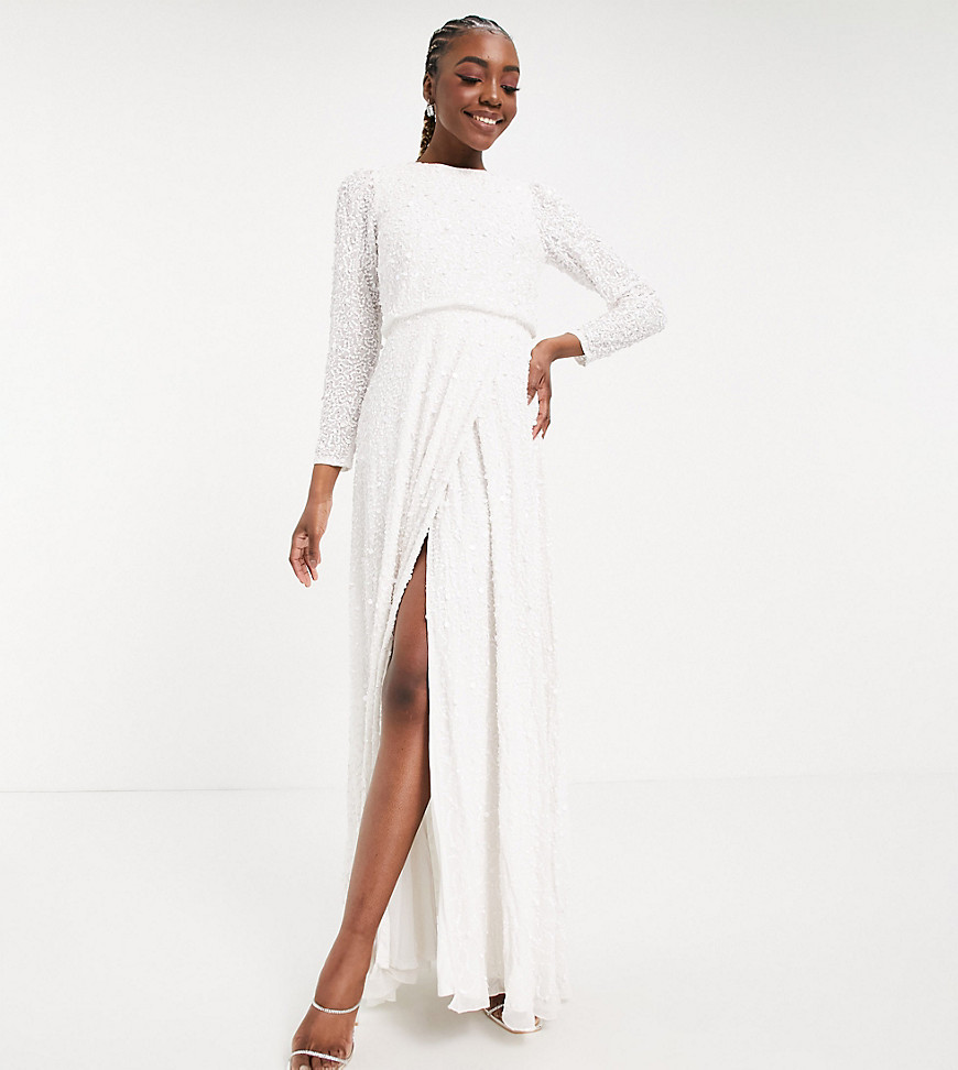 Maya Tall embellished long sleeve maxi dress with slit in white