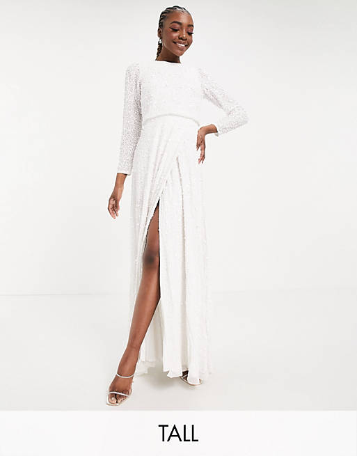 Maya Tall embellished long sleeve maxi dress with slit in white
