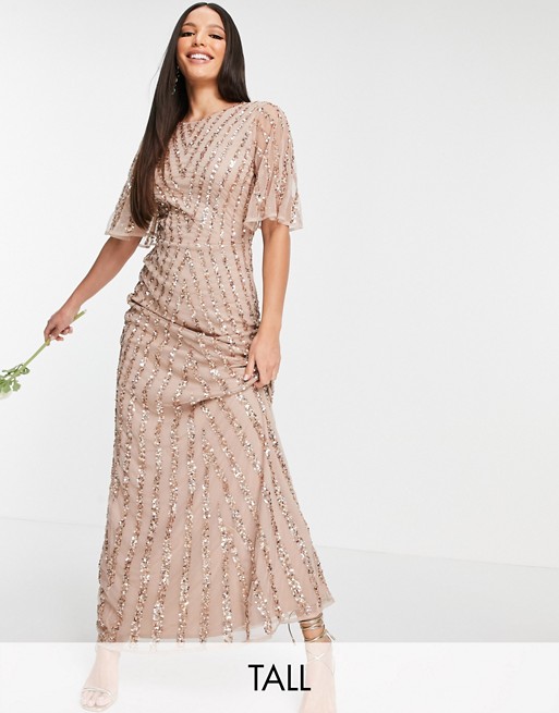 Maya Tall flutter sleeve all over patterned sequin dress in taupe blush