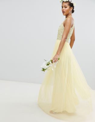 maya halterneck delicate sequin detail tulle maxi dress in lemon