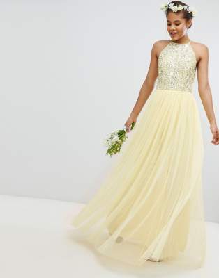 maya halterneck delicate sequin detail tulle maxi dress in lemon