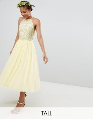 maya halterneck delicate sequin detail tulle maxi dress in lemon