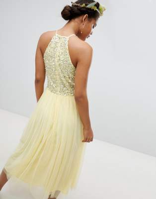 maya halterneck delicate sequin detail tulle maxi dress in lemon