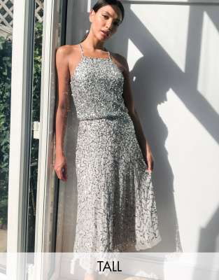 high neck delicate sequin midi dress