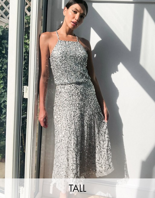Maya Tall high neck all over delicate sequin midi pencil dress in silver