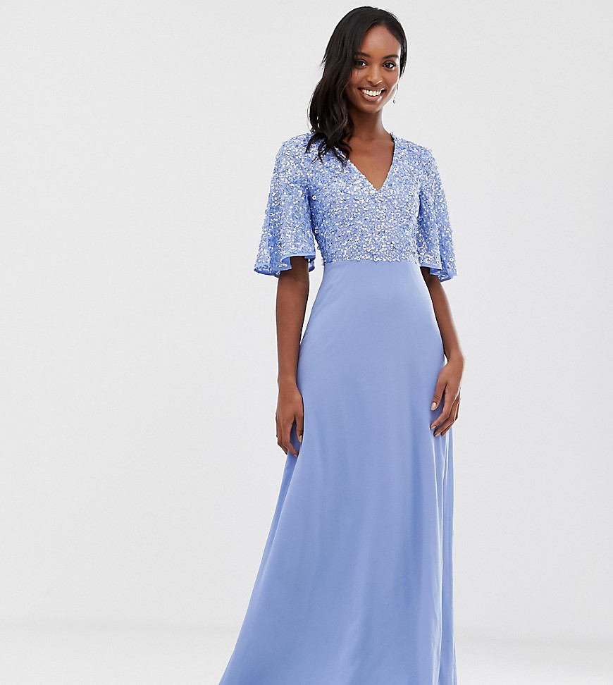 Maya Tall - Lange jurk met top met lovertjes en fladdermouwen in blauw