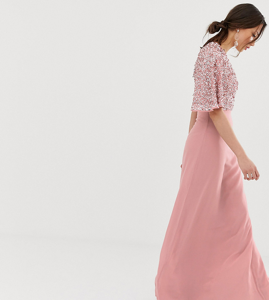 Maya Tall - Lange jurk met top van lovertjes en fladdermouwen in vintage roze