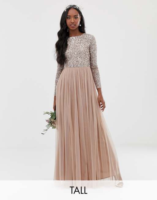 Maya - Tall - Lange tule bruidsmeisjesjurk met lange mouwen met fijne lovertjes geheel in zachtroze