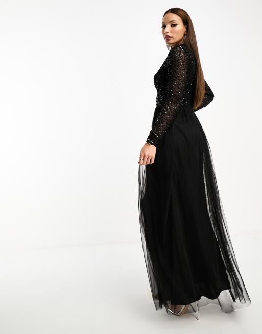 Maya Tall - L'invitée - Robe longue en tulle avec manches longues et sequins délicats ton sur ton - Noir, 2 de 4