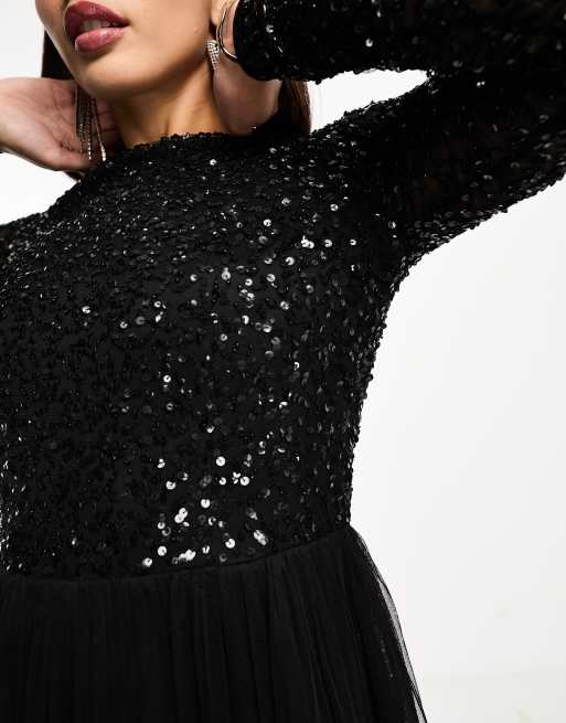 Maya Tall - L'invitée - Robe longue en tulle avec manches longues et sequins délicats ton sur ton - Noir, 3 de 4