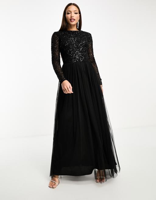 Maya Tall - L'invitée - Robe longue en tulle avec manches longues et sequins délicats ton sur ton - Noir, 4 de 4