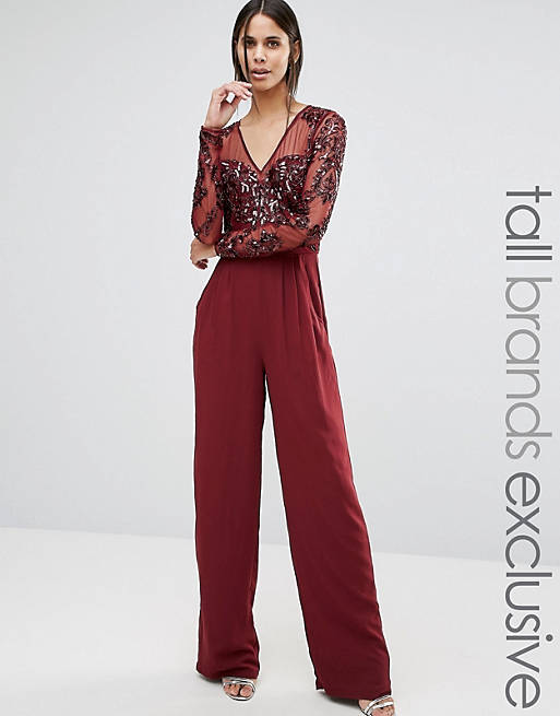 Maya Tall Long Sleeve Jumpsuit With Mesh And Embellished Top Detail | ASOS