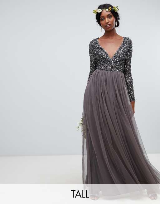 Maya Tall long sleeve wrap front maxi dress with delicate sequin and tulle  skirt in charcoal | ASOS