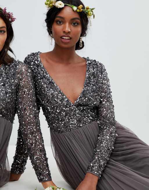 Maya long sleeve wrap front maxi dress 2025 with delicate sequin and tulle skirt in charcoal