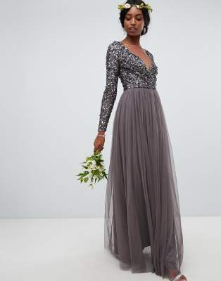 maya long sleeve sequin top midi dress with tiered tulle skirt