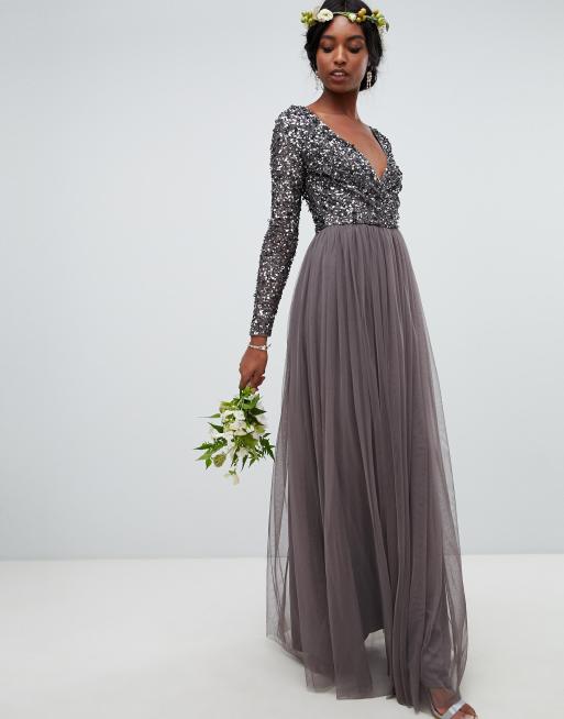 Maya Tall long sleeve wrap front maxi dress with delicate sequin