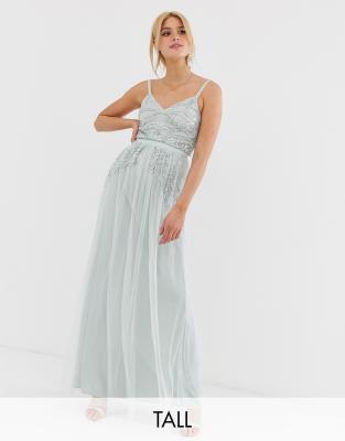 dolly & delicious petite plunge front embellished maxi dress with high thigh split in ice blue