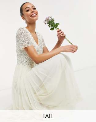 Maya Tall - Robe longue de mariage en tulle à col V et sequins délicats ton sur ton - Écru
