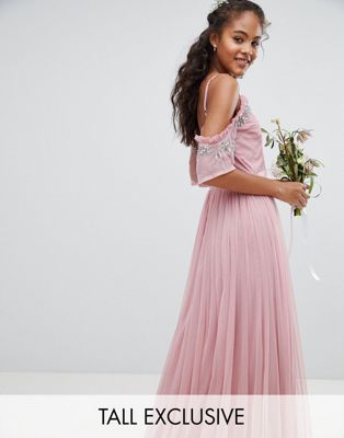 Maya Tall - Schouderloze lange tule jurk met lovertjes en ruches-Roze