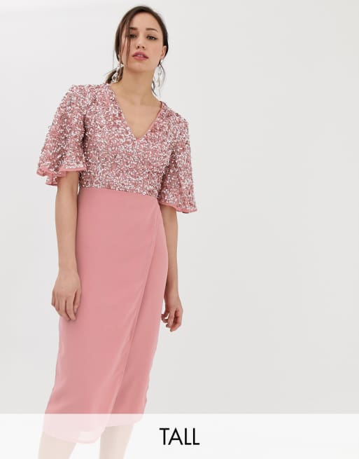 Maya Tall sequin top midi pencil dress with flutter sleeve Maya Tall sequin top midi pencil dress with flutter sleeve