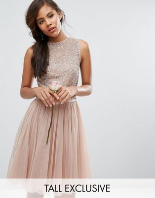 Maya Tall Sleeveless Sequin Top Midi Dress With Tulle Skirt And Bow ...