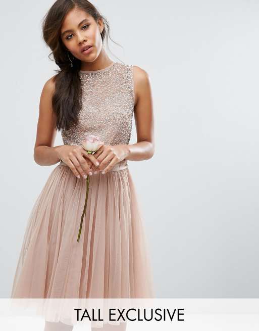 Maya Tall Sleeveless Sequin Top Midi Dress With Tulle Skirt And