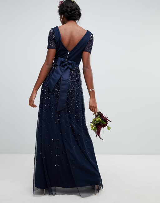 Maya v neck maxi tulle dress with contrast tonal delicate 2025 sequins in navy