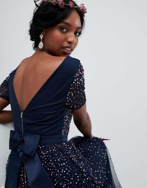 Maya v neck maxi tulle dress with contrast tonal delicate 2025 sequins in navy