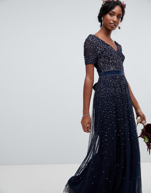 Maya v neck maxi tulle dress with contrast tonal on sale delicate sequins in navy