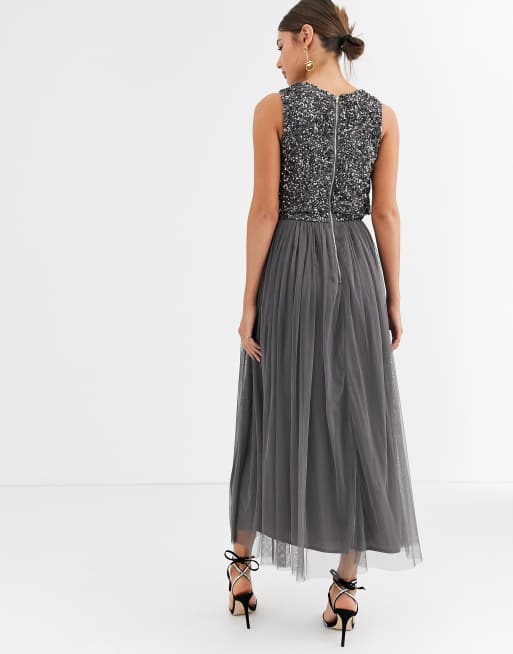 Maya Tall - Vestito da damigella 2 in 1 al polpaccio grigio scuro con delicate paillettes, 4 di 4