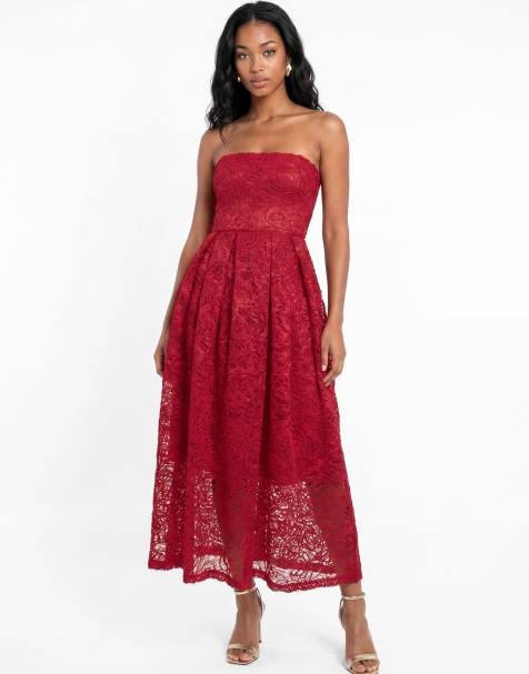 Maya Textured lace bandeau midaxi dress in red - view 1